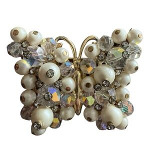 Vintage Gold Tone Layered Faux Pear and Aurora Borealis Butterfly Brooch